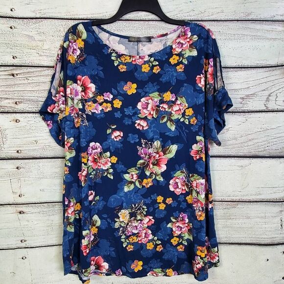 Chris & Carol Plus 1X Navy Floral Dolman Sleeve Tunic Blouse Made in USA - Picture 1 of 6